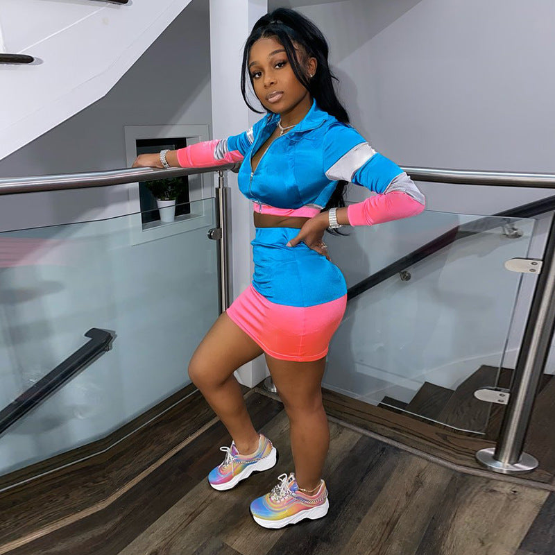 Color Block Long Sleeve Crop Top And Skirt Set Mssza