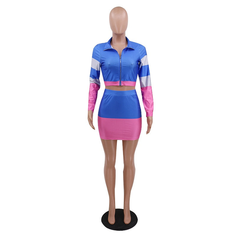 Color Block Long Sleeve Crop Top And Skirt Set Mssza
