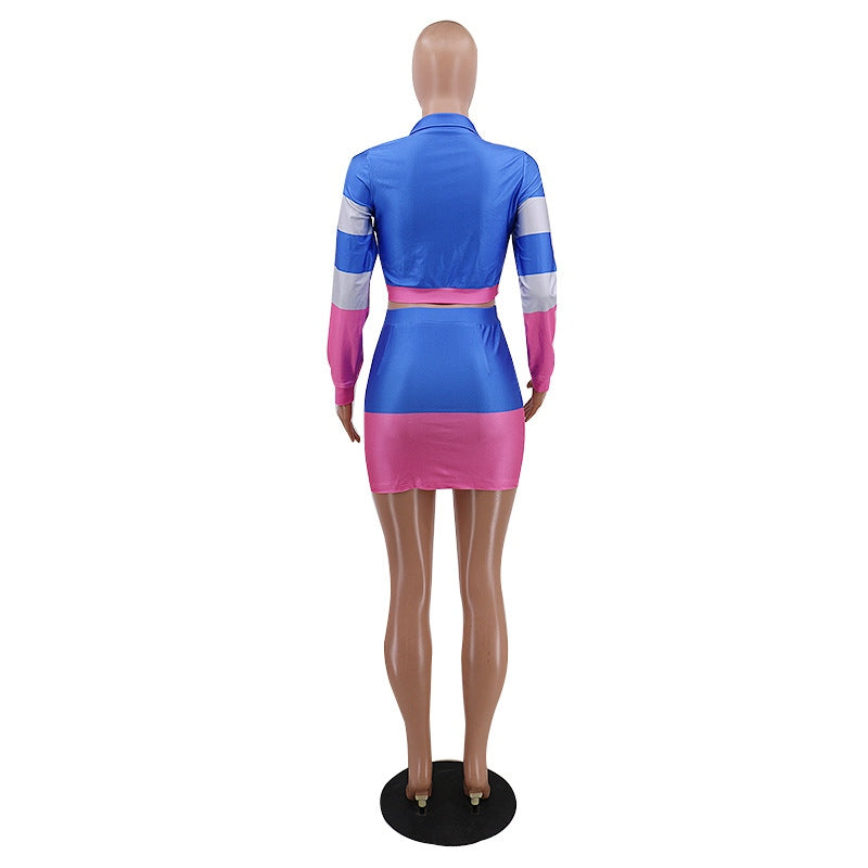 Color Block Long Sleeve Crop Top And Skirt Set Mssza