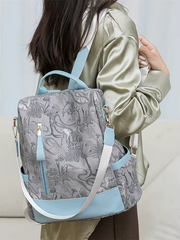 Color Blocking PU Leather Multi-function Anti Theft Leisure Travel Backpack Mssza