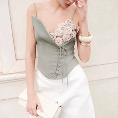 Colorblock Spliced 3D Flower Irregular V Neck Sleeveless Patchwork Lace Up Vest Top Mssza