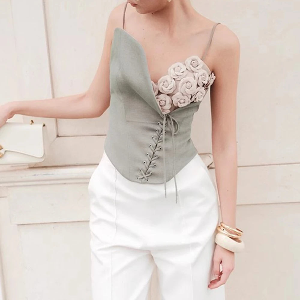 Colorblock Spliced 3D Flower Irregular V Neck Sleeveless Patchwork Lace Up Vest Top Mssza