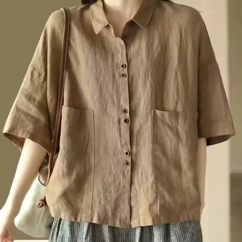 Comfortable Polo Collar Retro Cotton Linen Short Sleeve Loose Shirt Mssza