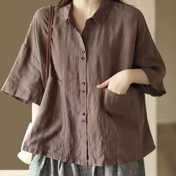 Comfortable Polo Collar Retro Cotton Linen Short Sleeve Loose Shirt Mssza