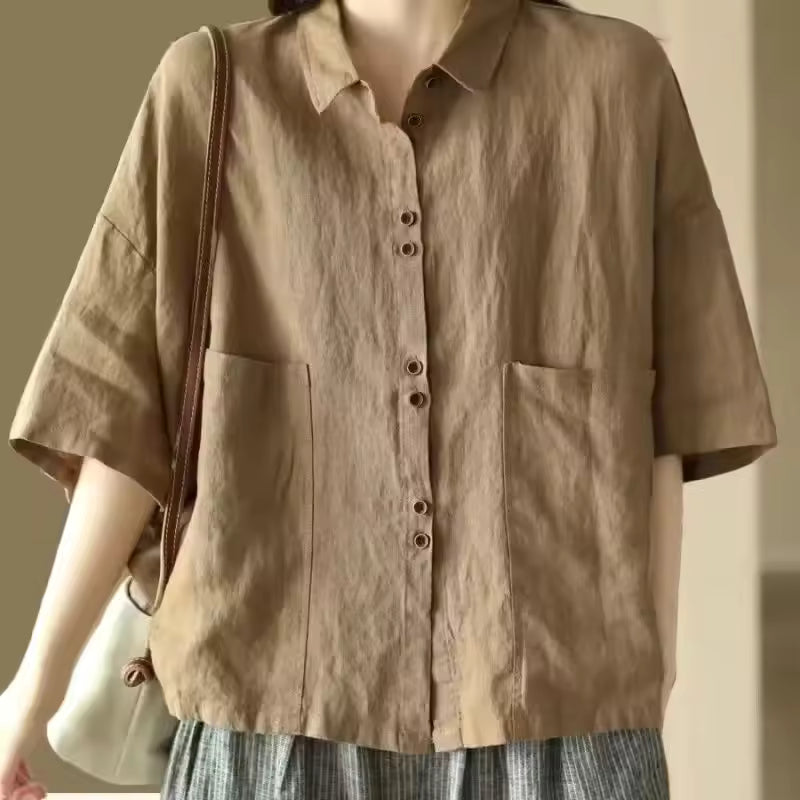 Comfortable Polo Collar Retro Cotton Linen Short Sleeve Loose Shirt Mssza