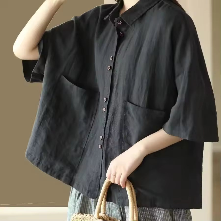 Comfortable Polo Collar Retro Cotton Linen Short Sleeve Loose Shirt Mssza
