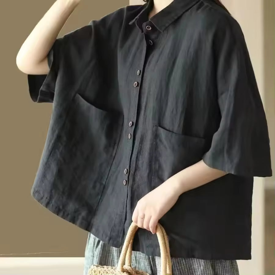 Comfortable Polo Collar Retro Cotton Linen Short Sleeve Loose Shirt Mssza