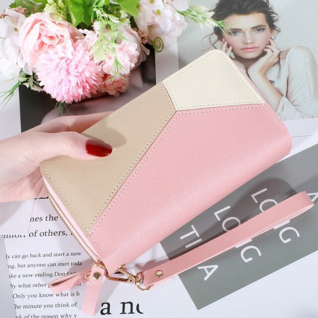 Contrast Color Double Zipper Large Capacity Long Wallet Mssza