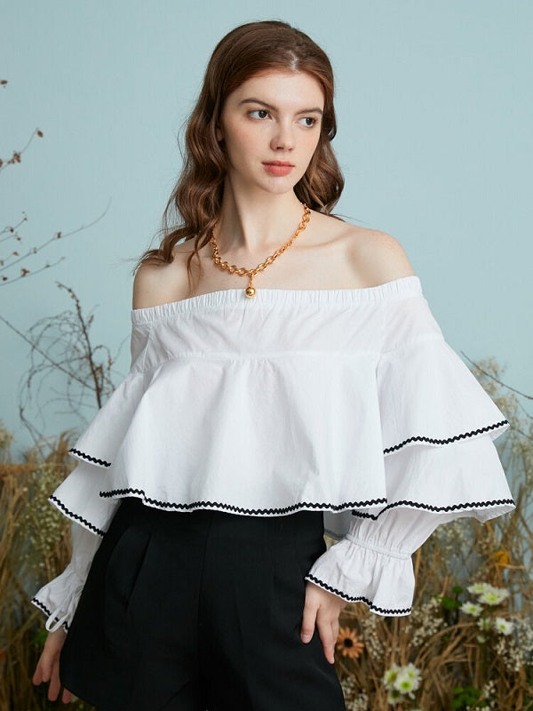 Contrast Color Layered Off Shoulder Cotton Drawstring Blouse Mssza
