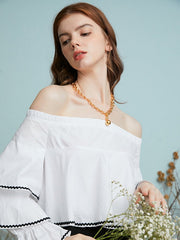 Contrast Color Layered Off Shoulder Cotton Drawstring Blouse Mssza