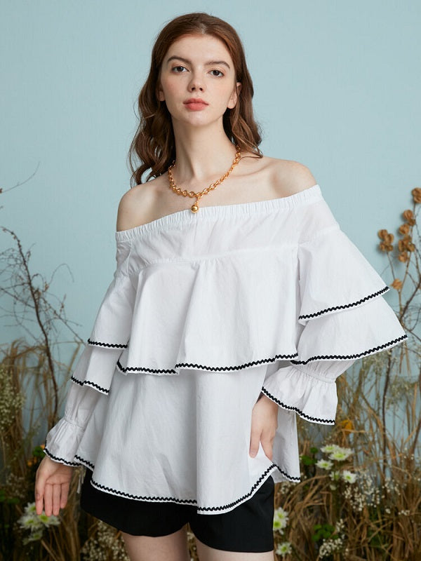 Contrast Color Layered Off Shoulder Cotton Drawstring Blouse Mssza