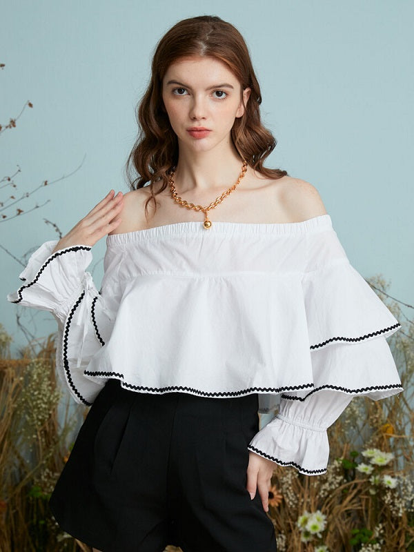 Contrast Color Layered Off Shoulder Cotton Drawstring Blouse Mssza