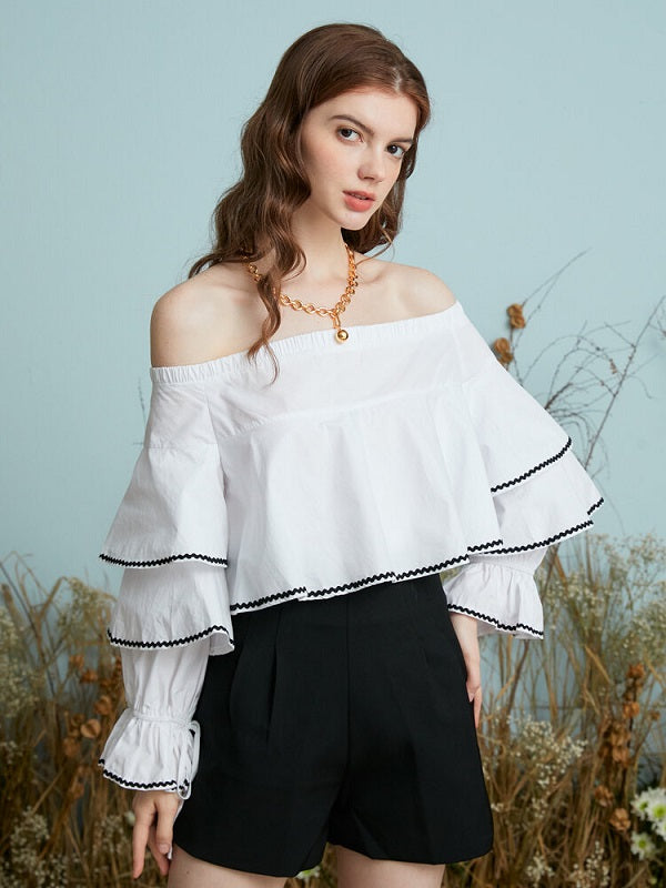 Contrast Color Layered Off Shoulder Cotton Drawstring Blouse Mssza