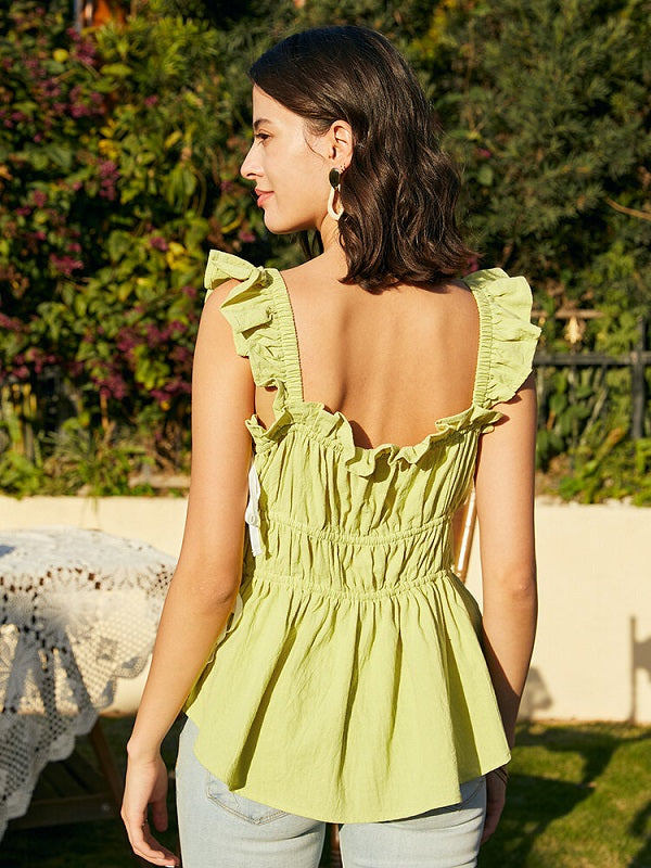 Contrast Color Ruffle Tie Square Collar Sleeveless Tank Top Mssza