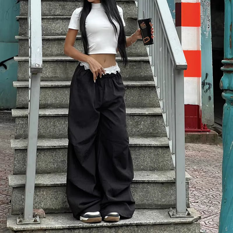 Contrast Lace Stitching Wide Leg Streetwear Low Rise Loose Trousers Mssza
