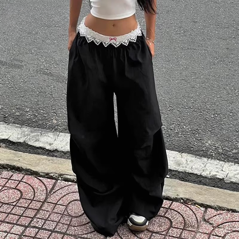 Contrast Lace Stitching Wide Leg Streetwear Low Rise Loose Trousers Mssza
