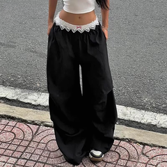 Contrast Lace Stitching Wide Leg Streetwear Low Rise Loose Trousers Mssza