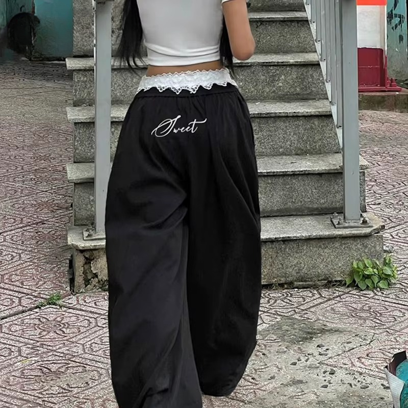 Contrast Lace Stitching Wide Leg Streetwear Low Rise Loose Trousers Mssza
