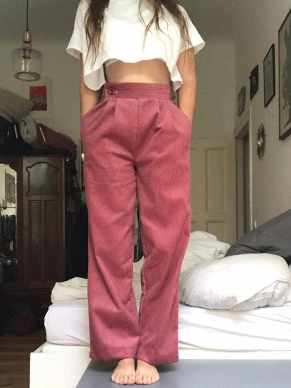 Corduroy Button Solid Casual Pants Mssza