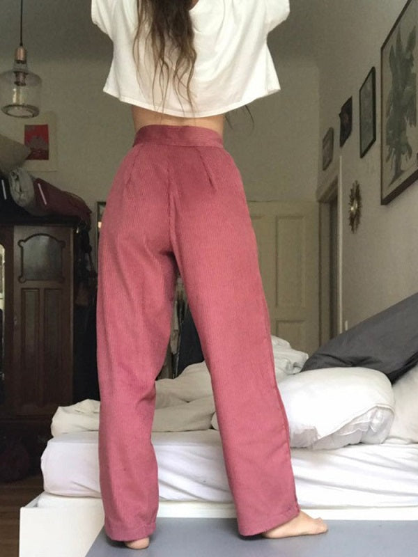 Corduroy Button Solid Casual Pants Mssza