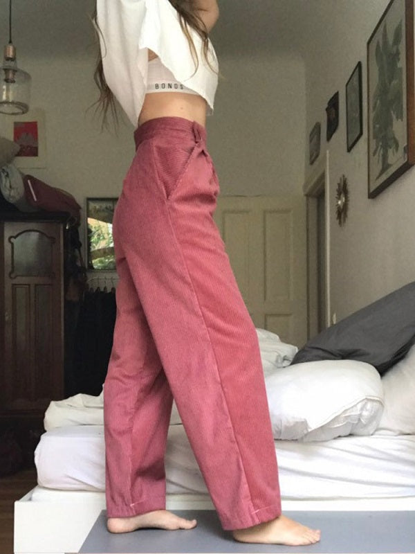 Corduroy Button Solid Casual Pants Mssza