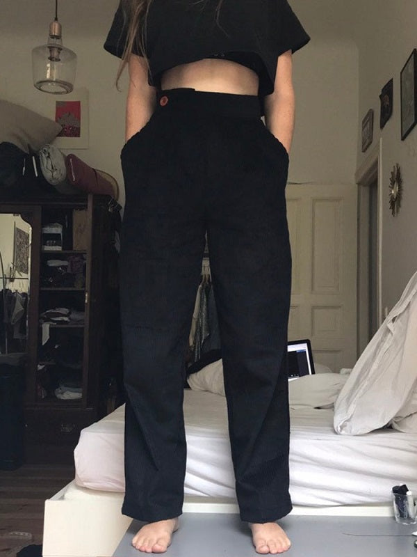 Corduroy Button Solid Casual Pants Mssza