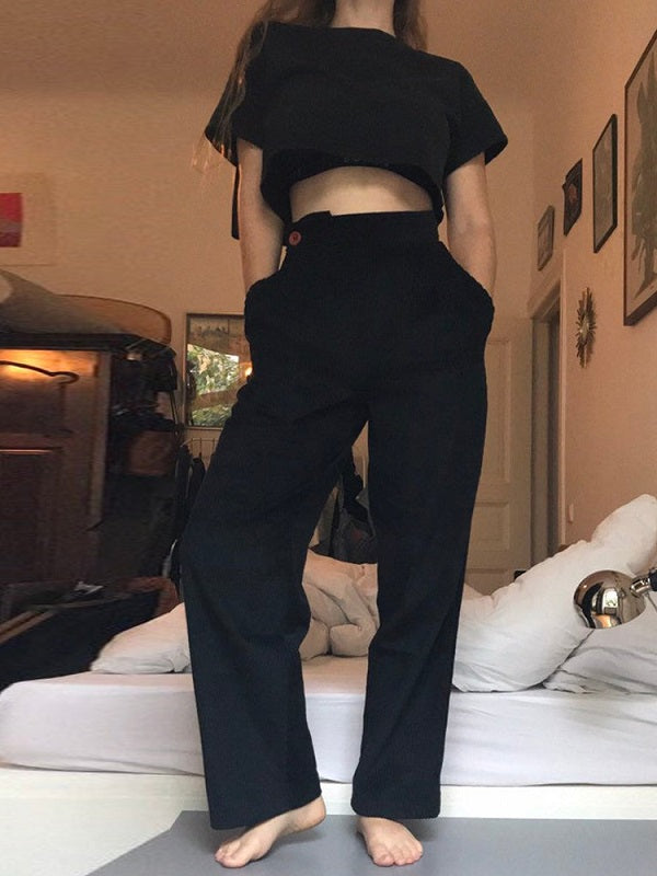 Corduroy Button Solid Casual Pants Mssza