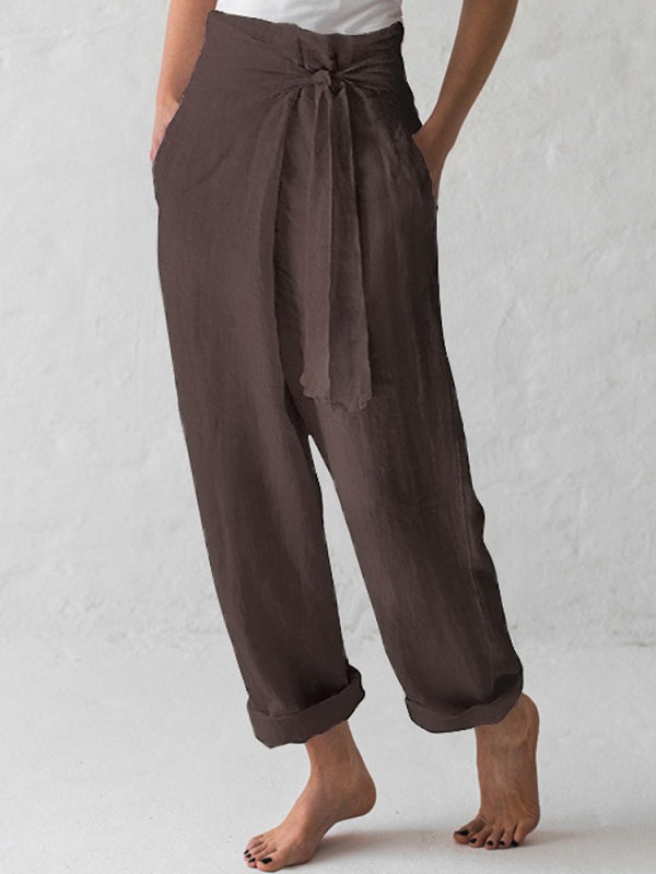 Cotton Belted High Waist Casual Wide Leg Harem Pants Mssza