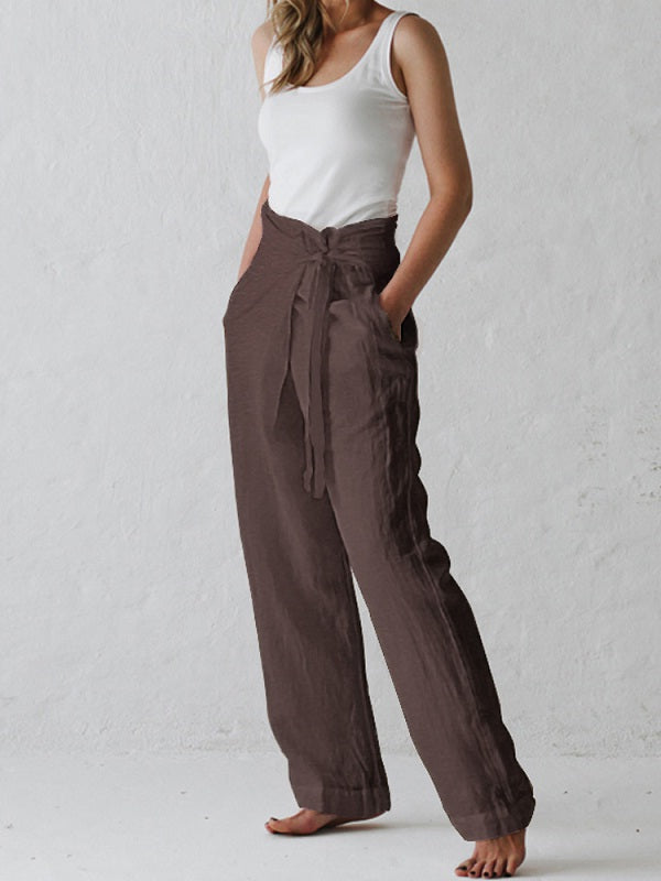 Cotton Belted High Waist Casual Wide Leg Harem Pants Mssza