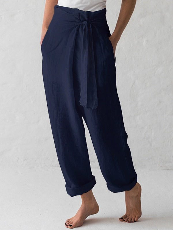 Cotton Belted High Waist Casual Wide Leg Harem Pants Mssza