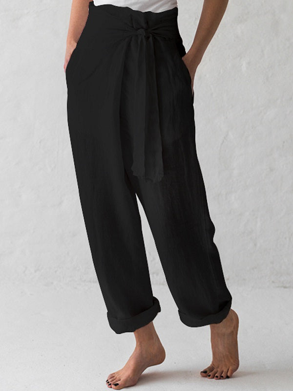 Cotton Belted High Waist Casual Wide Leg Harem Pants Mssza