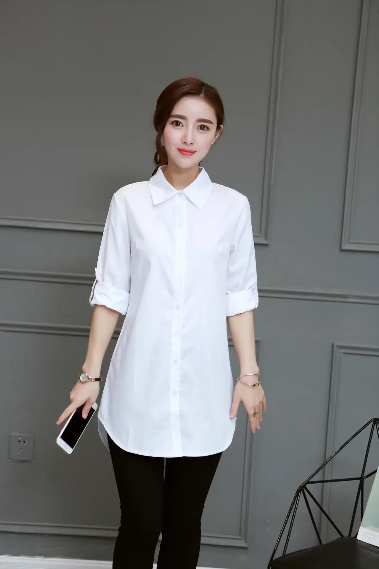 Cotton Long Blouses Top Slim Long Sleeve Turn-down Collar Shirts Mssza