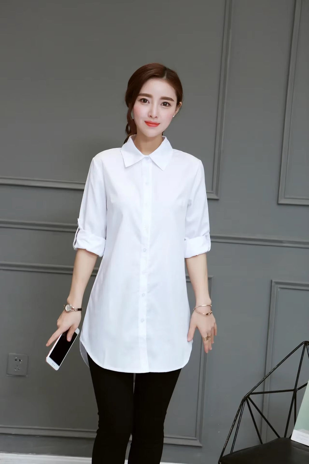 Cotton Long Blouses Top Slim Long Sleeve Turn-down Collar Shirts Mssza