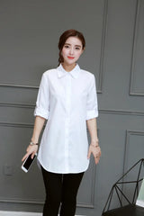 Cotton Long Blouses Top Slim Long Sleeve Turn-down Collar Shirts Mssza