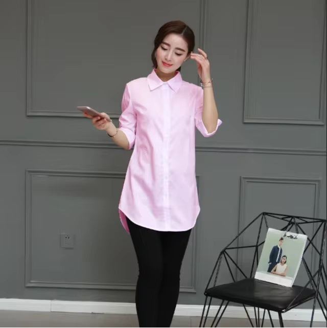 Cotton Long Blouses Top Slim Long Sleeve Turn-down Collar Shirts Mssza