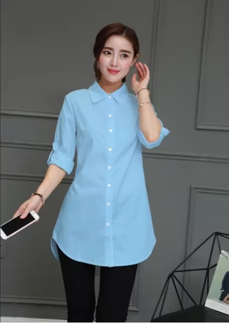 Cotton Long Blouses Top Slim Long Sleeve Turn-down Collar Shirts Mssza