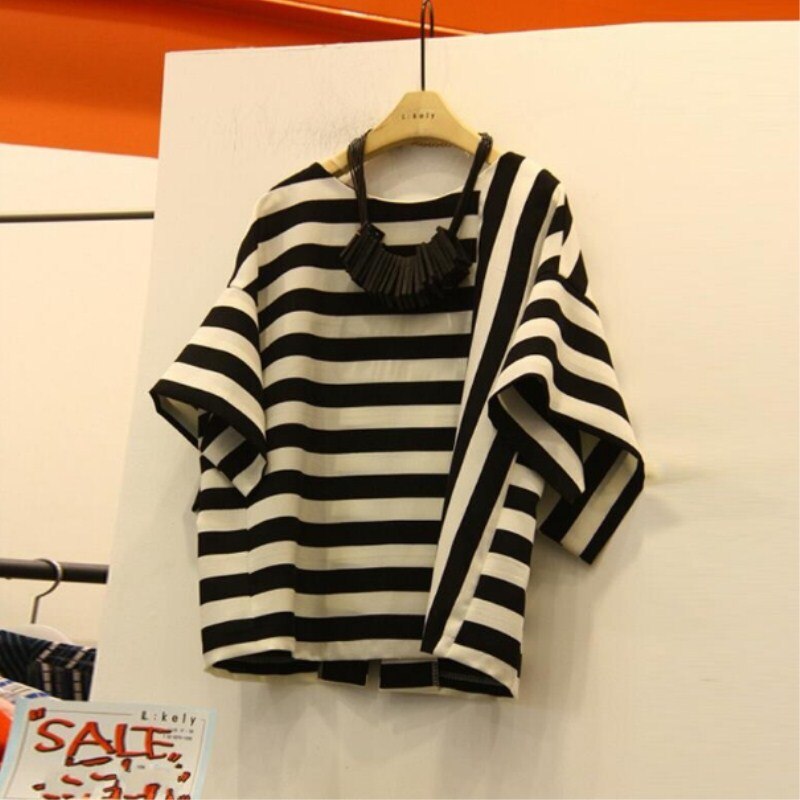 Cotton Loose Casual Grunge Graphic Striped Short Sleeve T Shirts Mssza