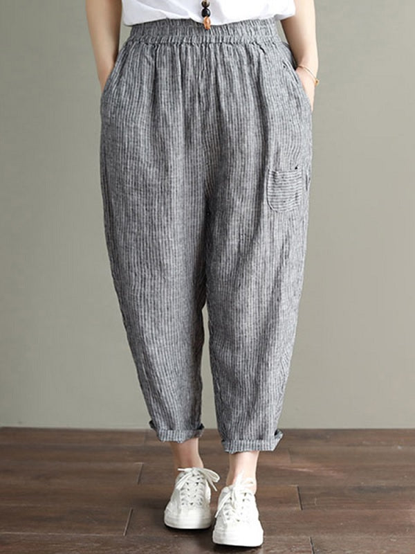 Cotton Striped Loose Elastic Waist Side Pockets Pants Mssza