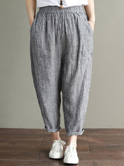 Cotton Striped Loose Elastic Waist Side Pockets Pants Mssza