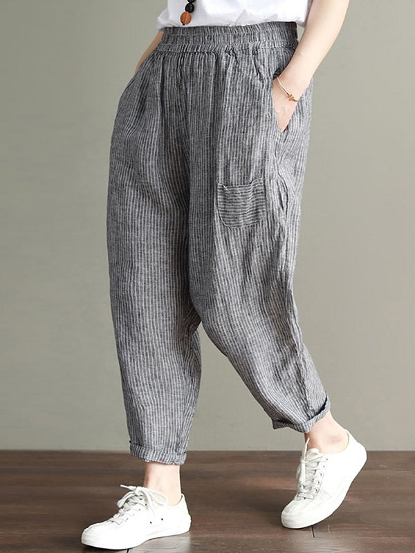 Cotton Striped Loose Elastic Waist Side Pockets Pants Mssza