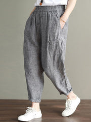 Cotton Striped Loose Elastic Waist Side Pockets Pants Mssza
