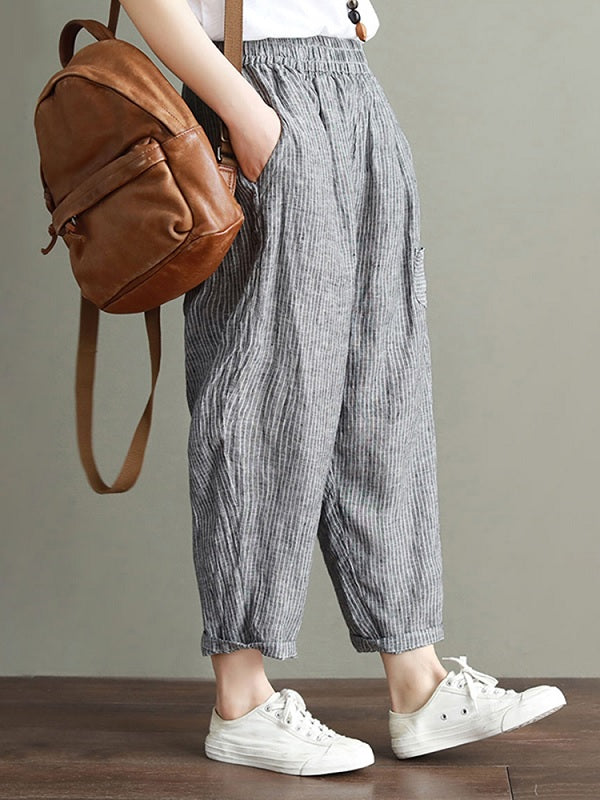 Cotton Striped Loose Elastic Waist Side Pockets Pants Mssza