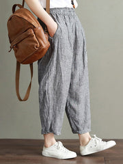 Cotton Striped Loose Elastic Waist Side Pockets Pants Mssza