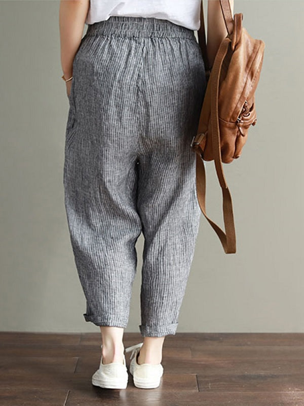 Cotton Striped Loose Elastic Waist Side Pockets Pants Mssza