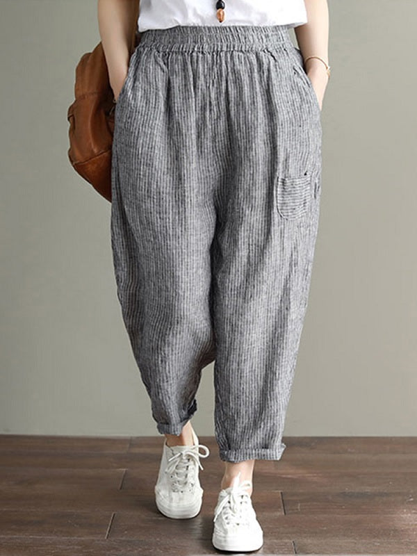 Cotton Striped Loose Elastic Waist Side Pockets Pants Mssza