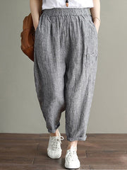 Cotton Striped Loose Elastic Waist Side Pockets Pants Mssza