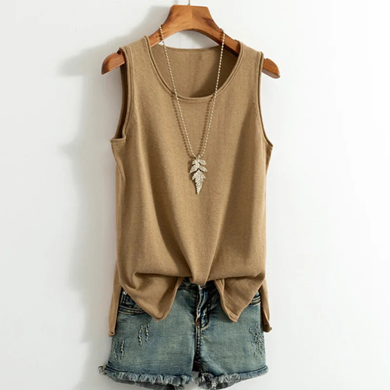 Cotton and Linen Camisole I-shaped Sleeveless Outerwear Loose Top Mssza