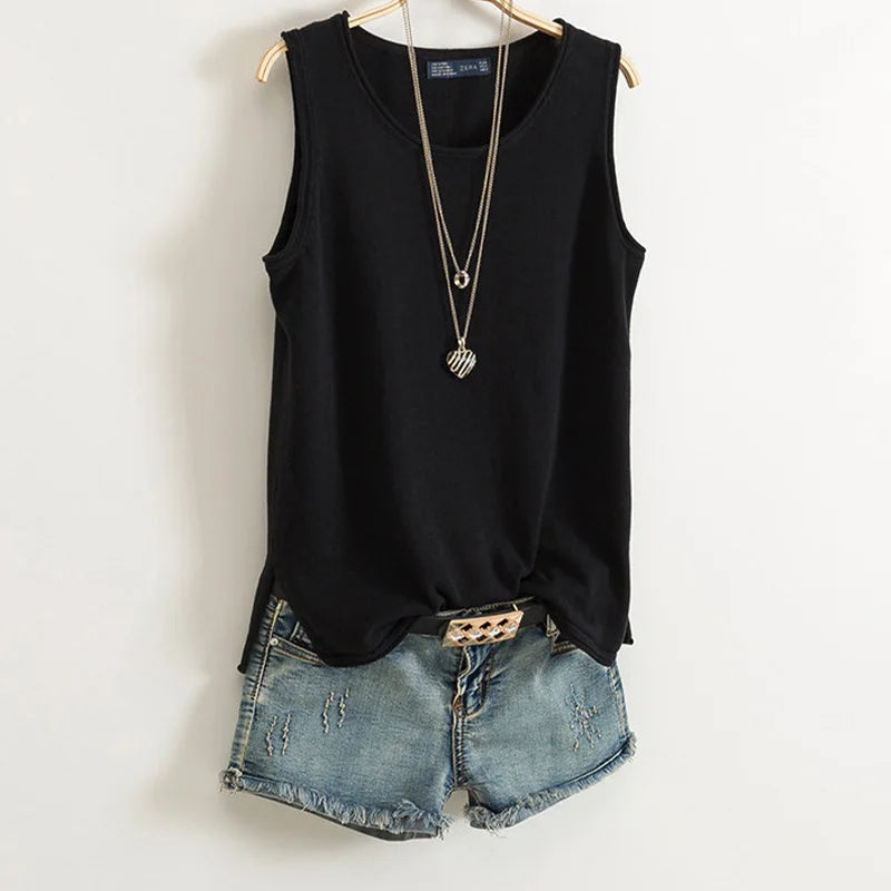 Cotton and Linen Camisole I-shaped Sleeveless Outerwear Loose Top Mssza