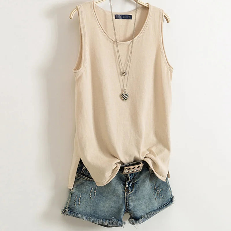 Cotton and Linen Camisole I-shaped Sleeveless Outerwear Loose Top Mssza