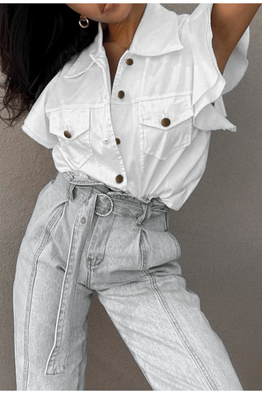 Cotton street style flared sleeve short button tops Mssza